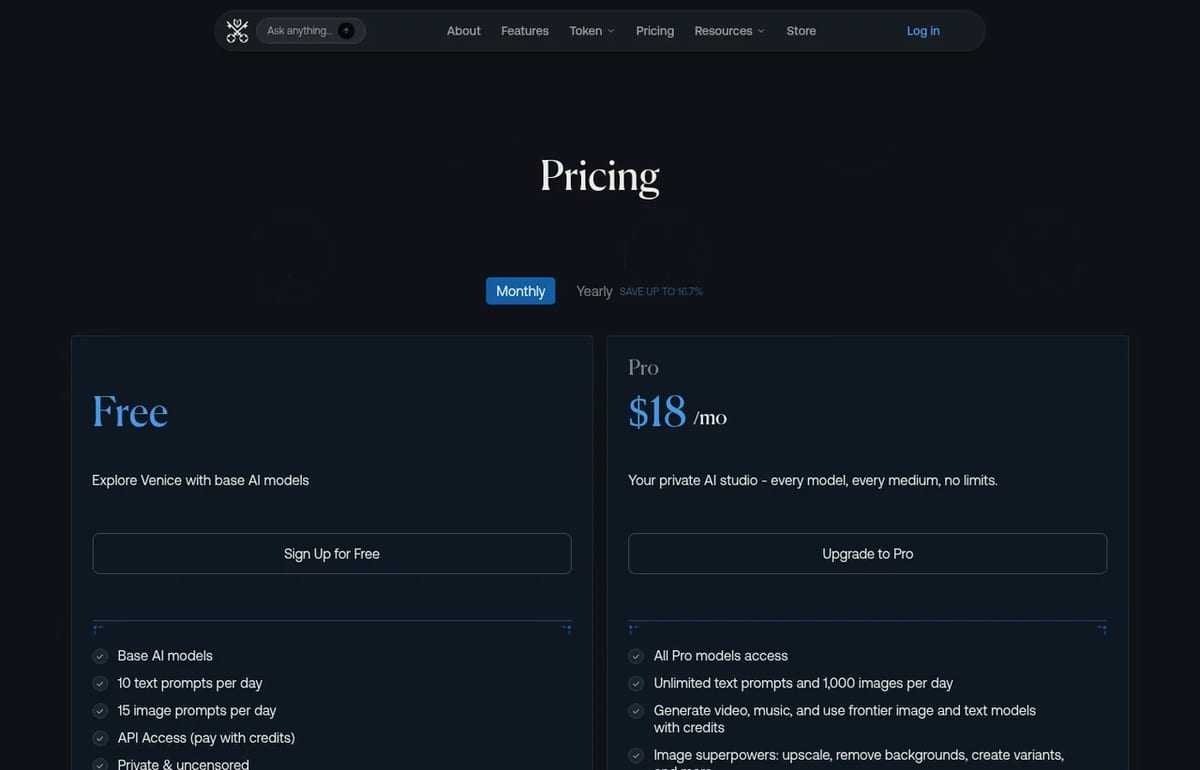 Venice AI pricing page: Free plan and Pro at $18 a month
