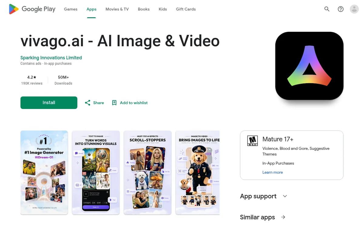 vivago.ai app on Google Play with a 4.2 rating and 50M+ downloads
