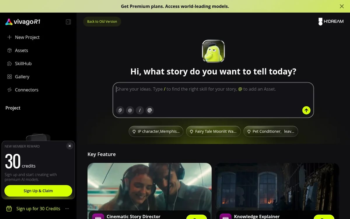 vivago R1 agent home screen with a chat box, SkillHub and 30 free sign-up credits