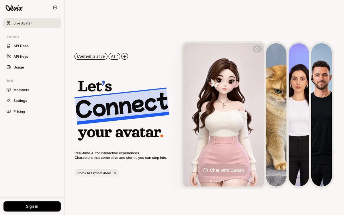 Vivix platform Live Avatar page with community characters