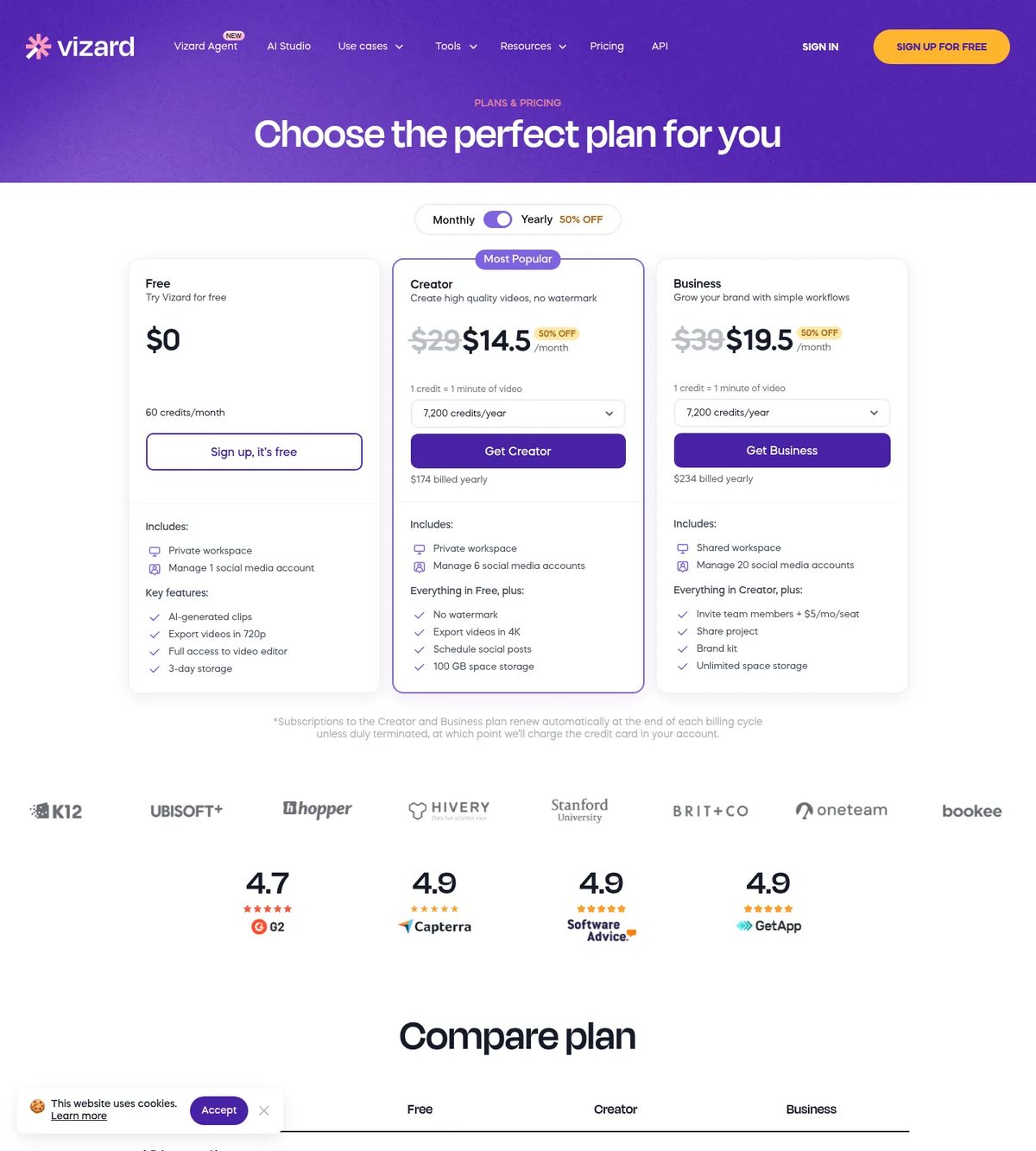 Vizard AI pricing page October 2026