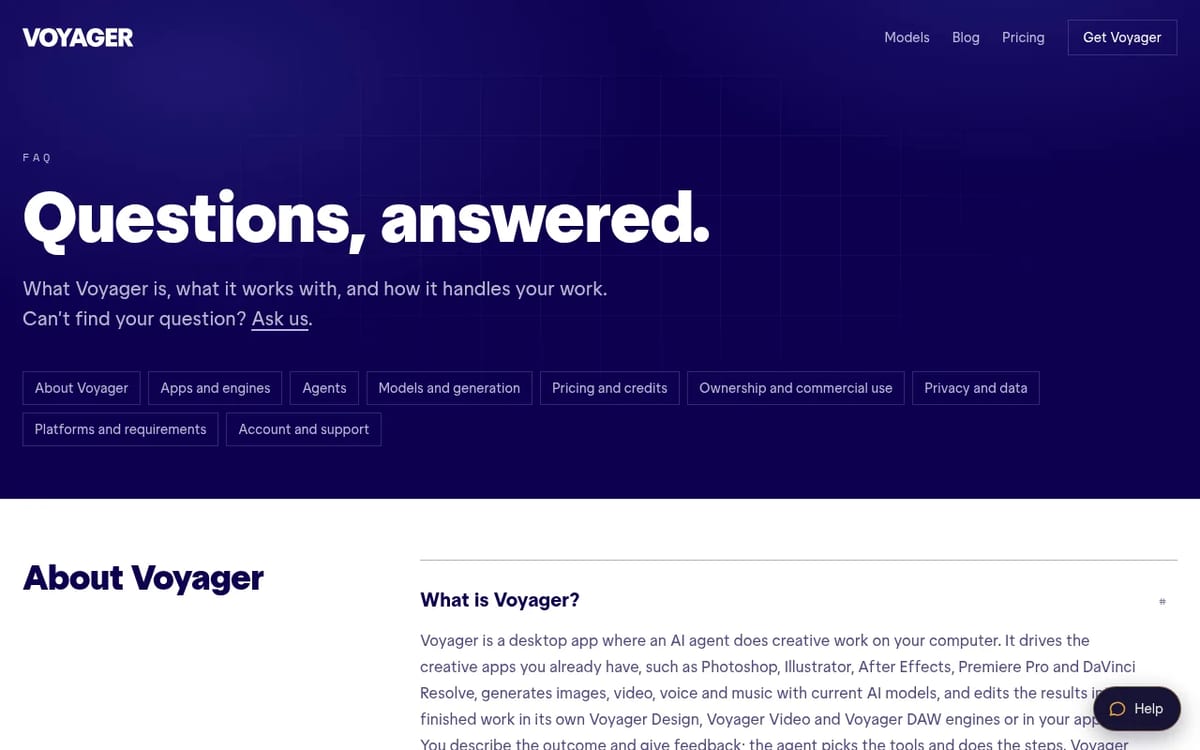 Voyager FAQ page with sections on apps, agents, models, pricing and platforms