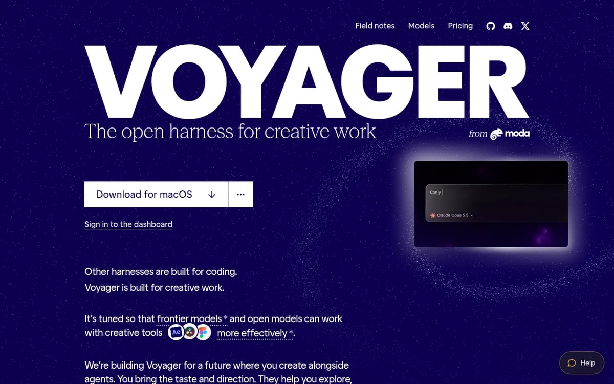 Voyager homepage: the open harness for creative work, from Moda, with a Download for macOS button