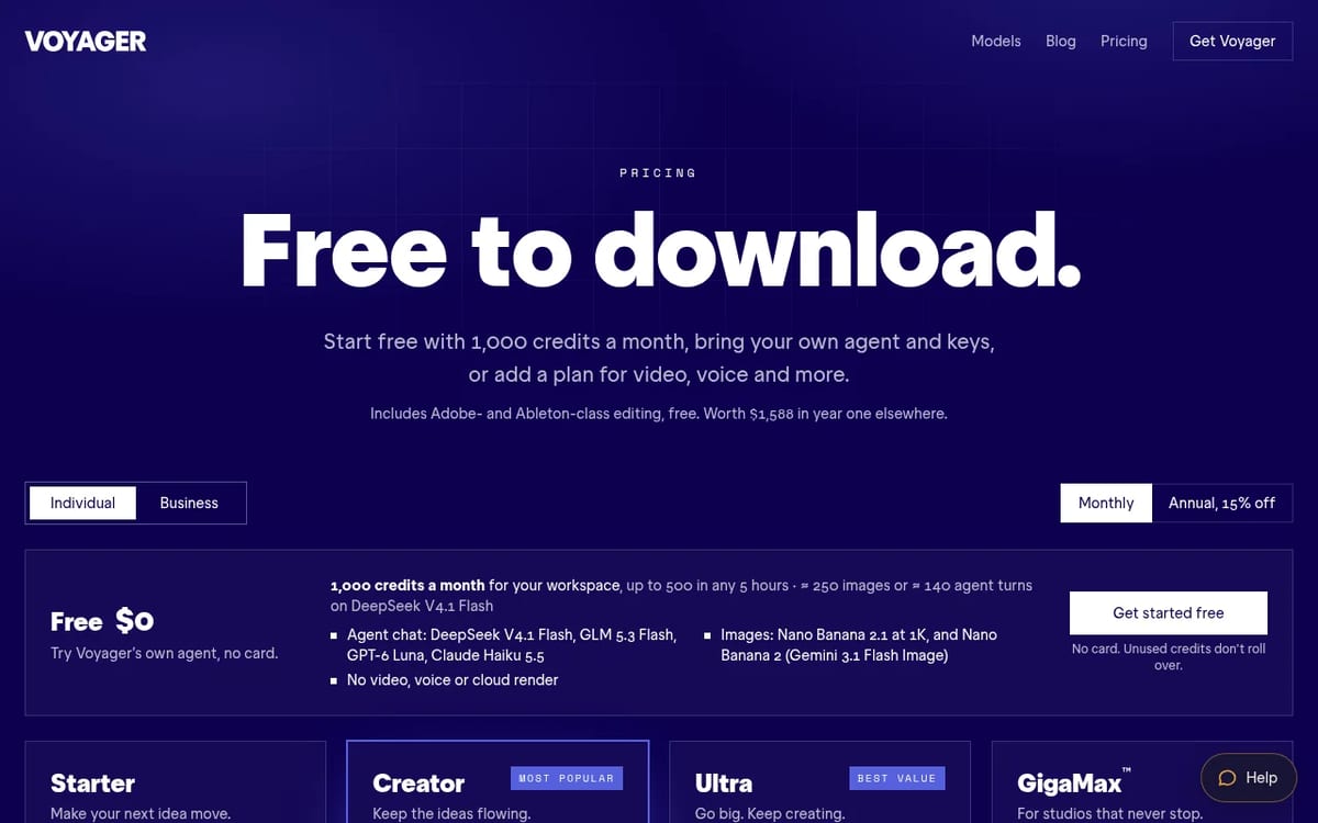 Voyager pricing page: free to download, with Free, Starter, Creator, Ultra and GigaMax plans