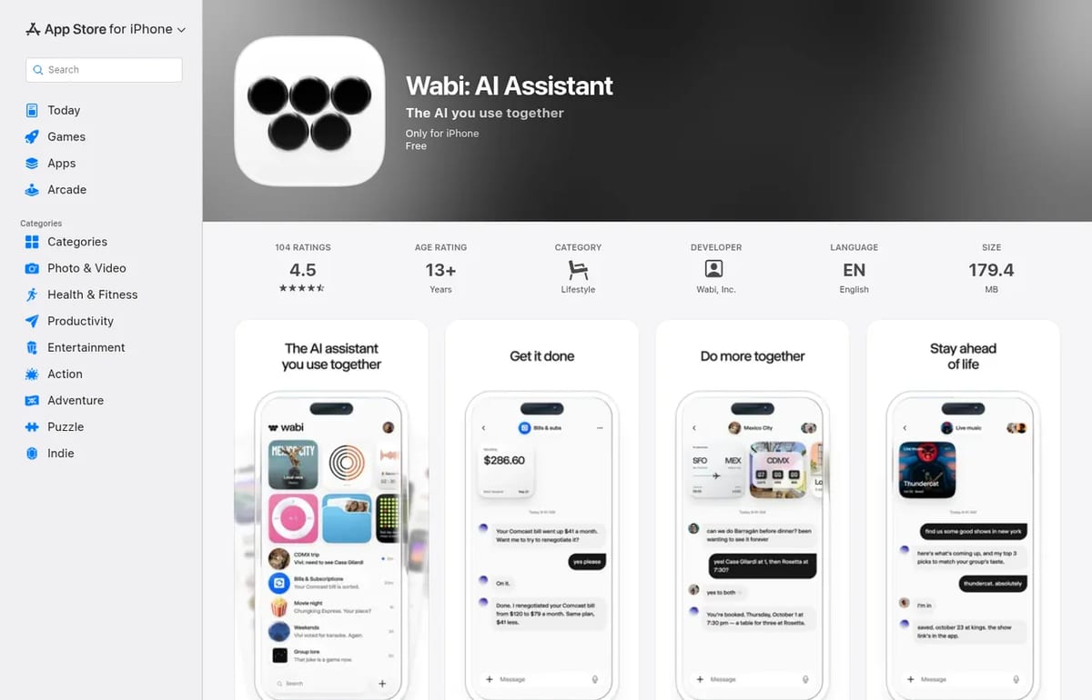 Wabi: AI Assistant on the US App Store, listed as free