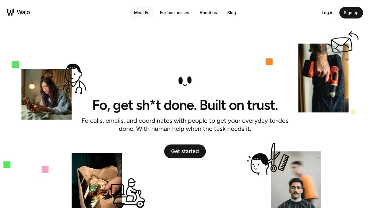Wajo homepage introducing Fo, the AI action agent with human help