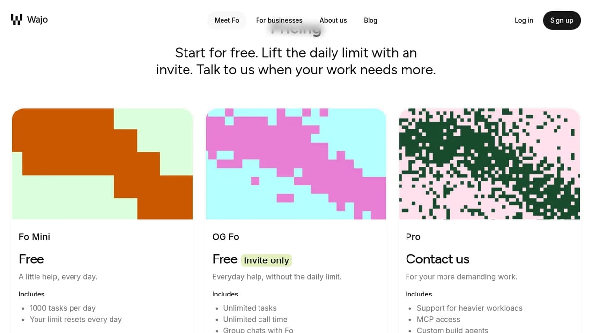 Fo pricing: Fo Mini free, OG Fo free by invite, Pro by contact