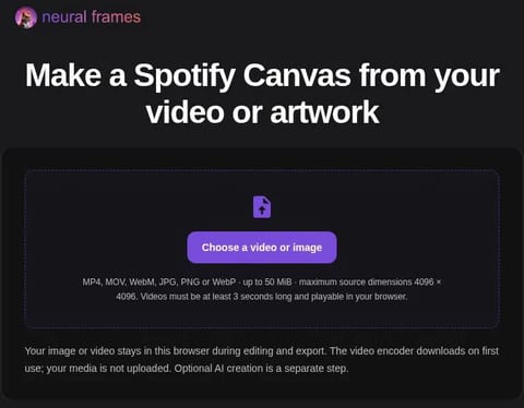 Neural Frames Spotify Canvas Maker upload screen