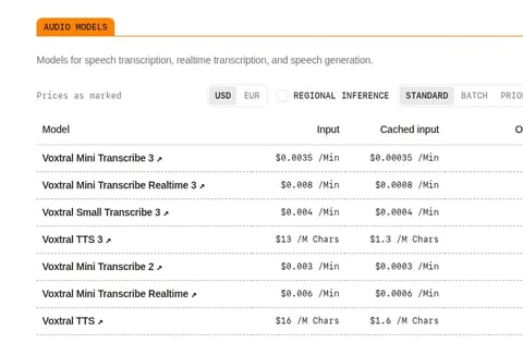 Mistral API pricing docs: Voxtral 3 audio model prices per minute and per 1M characters