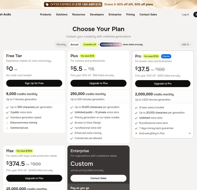 Fish Audio plans on Oct 16, 2026 with the Drama 3 launch deal: Free $0, Plus, Pro and Max, annual view