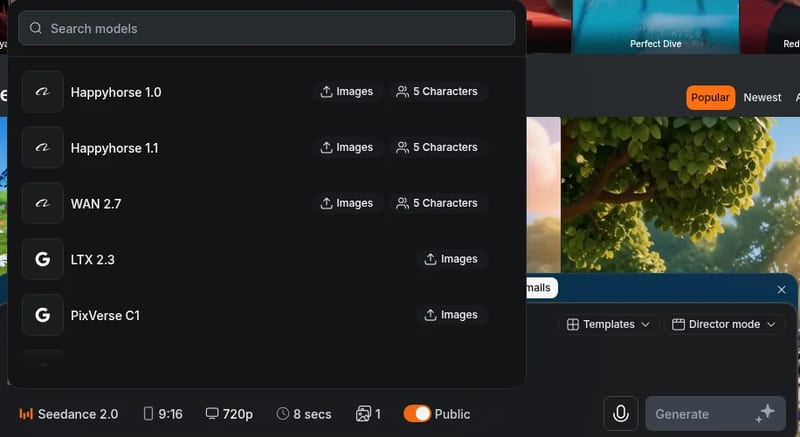 idea.ai video model picker listing models with image reference and character consistency support