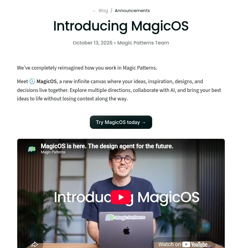 Magic Patterns blog post introducing MagicOS, an infinite AI design canvas, on October 13, 2026