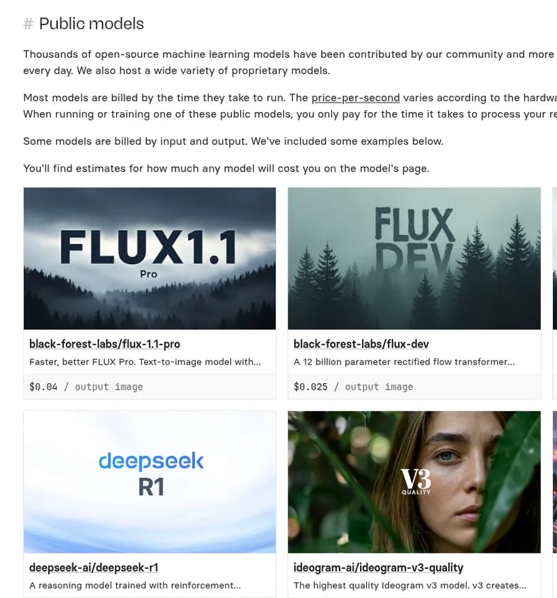 Replicate public model prices: FLUX 1.1 Pro $0.04 per image, FLUX Dev $0.025, FLUX Schnell $3 per thousand, Wan 2.1 video per second